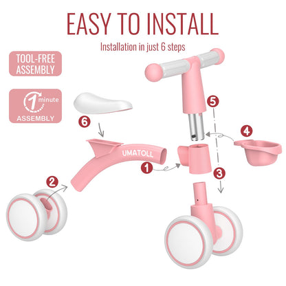 Umatoll Baby Balance Bike Toys for 1 Year Old Girls Gifts, Adjustable Seat Baby Walker, First Birthday Gifts, 12-24 Months Toddler Ride on Toys with Removable Basket, Pink