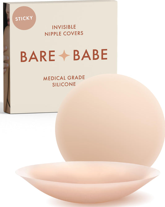 Bare Babe Reusable Silicone Nipple Covers - Waterproof, Nude, 4 Shades - Sticky Breast Stickers for Strapless Dress, Crème, Small (Fits AA-B)