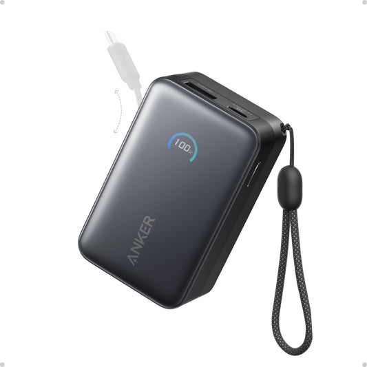 Anker Nano Power Bank, 10,000mAh Portable Charger with 2.3 ft Anker InstaCord Retractable Cable, 45W Max Compact Battery Pack, Smart Display, for iPhone 17/16 Series,iPad,Galaxy,Pixel and More (Black)