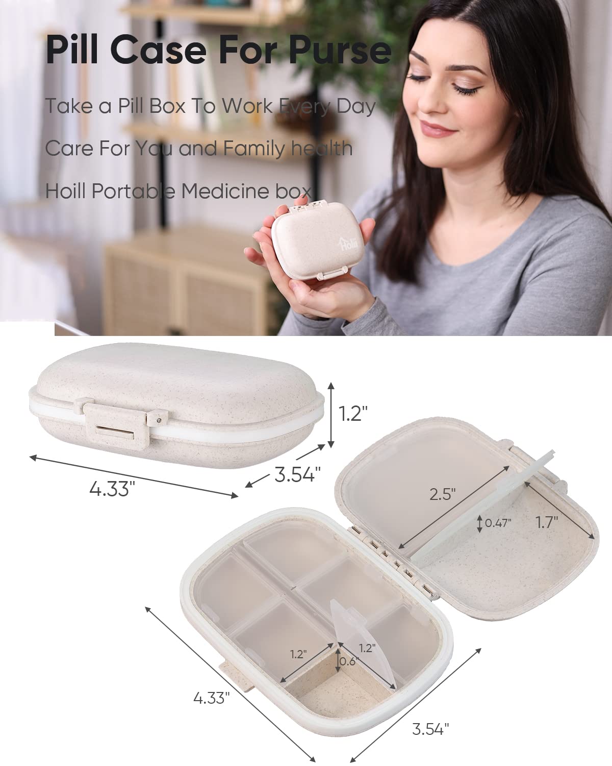Holii Travel Pill Organizer, 8 Compartments Portable Pill Case, Daily Pill Box to Hold Vitamins, Small Pill Container for Pocket Purse Medicine Organizer（Khaki） - Available at All In One Marketplace Canada