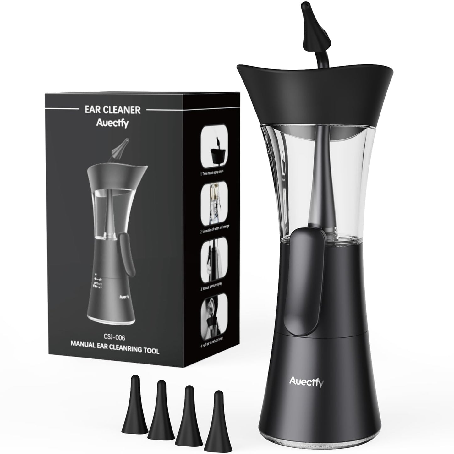 Manual Ear Wax Removal Kit - One-Hand Control Ear Cleaner Tool, Easy to Use Ear Irrigation Flushing System with Soft Silicone Tip for Effective & Safe to Clean Ear Built Up Wax Home Use(Black) - Available at All In One Marketplace Canada