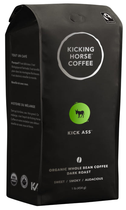 Kicking Horse Coffee Kick Ass Dark Roast Whole Bean – Organic, Fairtrade, Kosher – 1 lb (6-Pack)