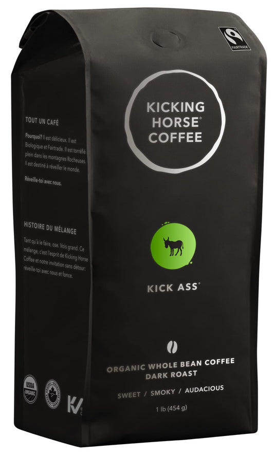 Kicking Horse Coffee Kick Ass Dark Roast Whole Bean – Organic, Fairtrade, Kosher – 1 lb (6-Pack)