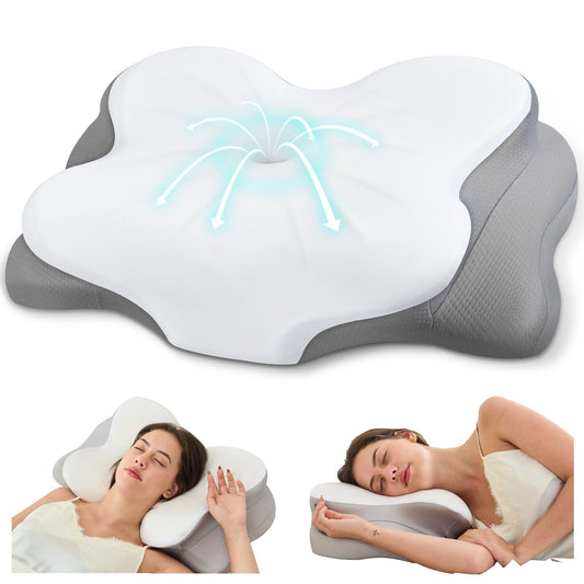SNUGUP Ergonomic Cervical Neck Pillow, Memory Foam Neck Support Pillow with Contoured Design, Breathable Removable Pillowcase, for Side Back Stomach Sleepers, White - Available at All In One Marketplace Canada