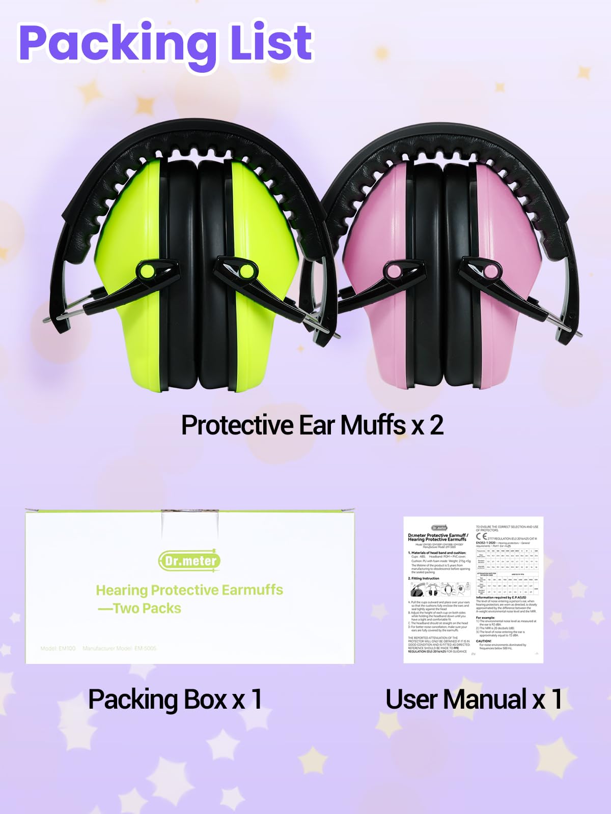 2 Pack Noise Cancelling Headphones for Kids: Dr.meter Kids Ear Protection Earmuffs for Autism Sensory - Hearing Protection Earmuffs for Monster Truck Concerts Study and Fireworks - (green+pink)