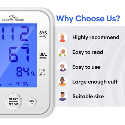 Blood Pressure Monitor for Home Use: Easy@Home Upper Arm Large Cuff BP Machine - Automatic Tensiometer with 3-Color Backlit Hypertension Display and 2 Users, Supports Free MyHeartPal App Scan, EBP-095 - Available at All In One Marketplace Canada