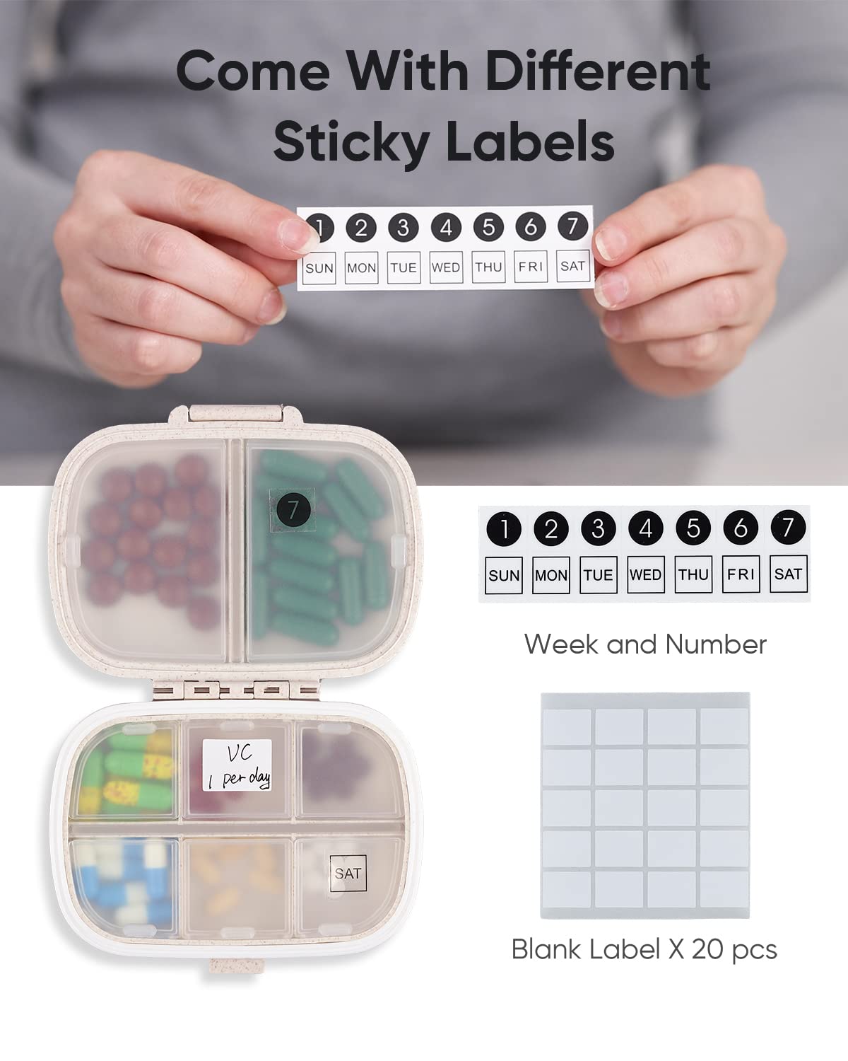 Holii Travel Pill Organizer, 8 Compartments Portable Pill Case, Daily Pill Box to Hold Vitamins, Small Pill Container for Pocket Purse Medicine Organizer（Khaki） - Available at All In One Marketplace Canada