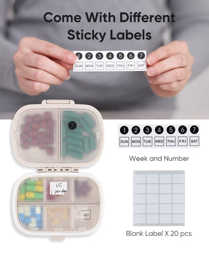 Holii Travel Pill Organizer, 8 Compartments Portable Pill Case, Daily Pill Box to Hold Vitamins, Small Pill Container for Pocket Purse Medicine Organizer（Khaki） - Available at All In One Marketplace Canada