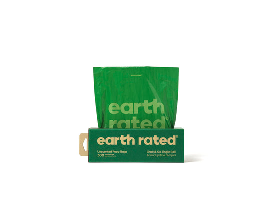 Earth Rated (A Canadian Company), Dog Poop Bags, Thick Grab and Go Single Roll, Ideal for Backyard Pickups, Unscented, 300 Bags