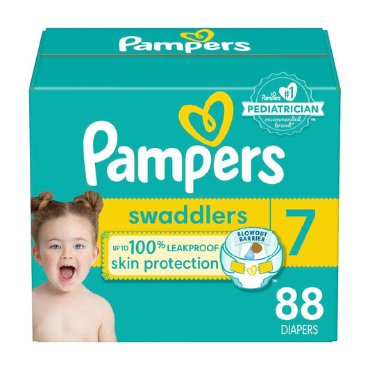 Pampers Swaddlers Diapers, Size 7 (26-50 lbs), 88 Count, Absorbent, Keeps Baby Dry and Comfortable, Skin Safe Disposable Baby Diaper
