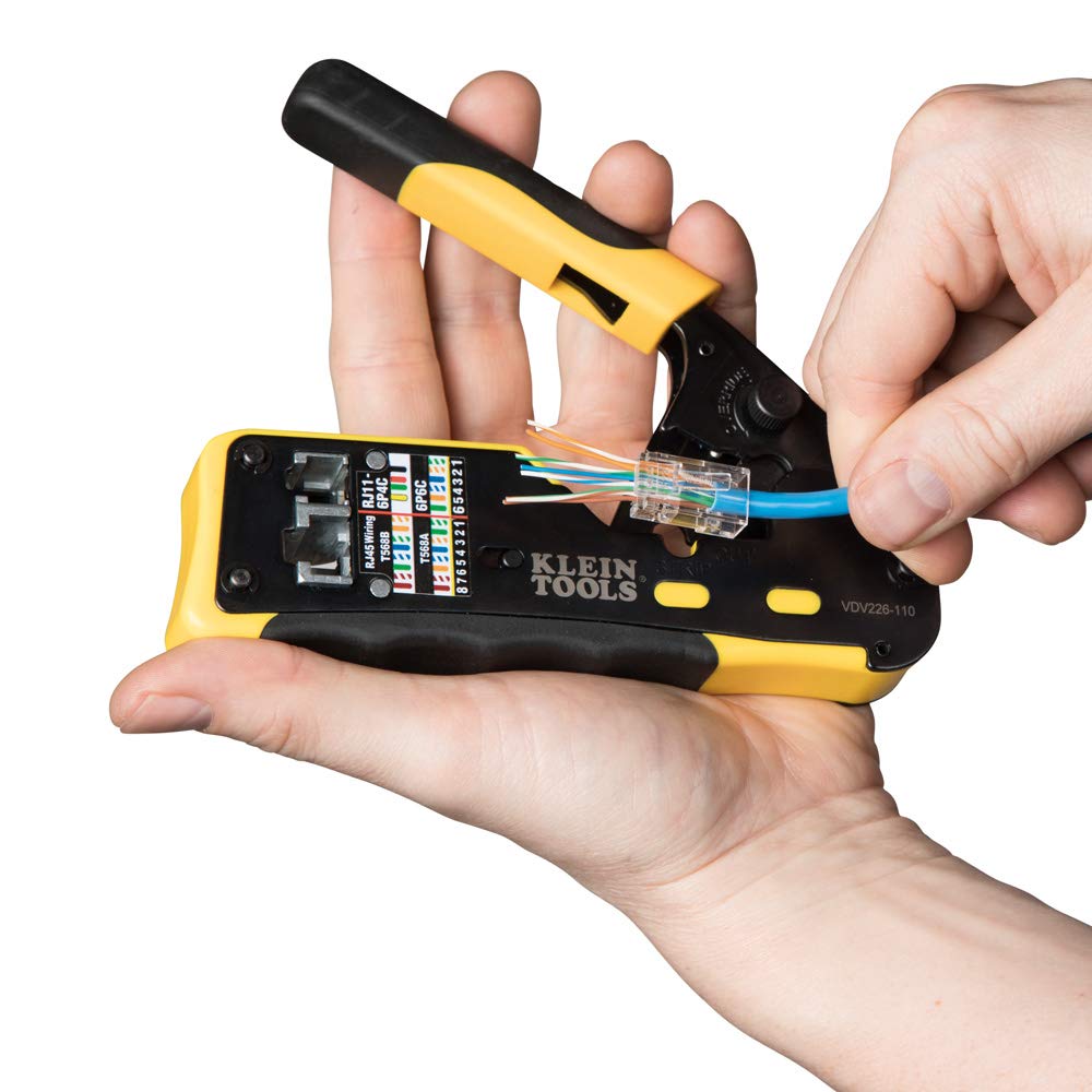 Klein Tools VDV226-110 Ratcheting Modular Data Cable Crimper/Wire Stripper/Wire Cutter for RJ11/RJ12 Standard, RJ45 Pass-Thru Connectors KLEIN TOOLS
