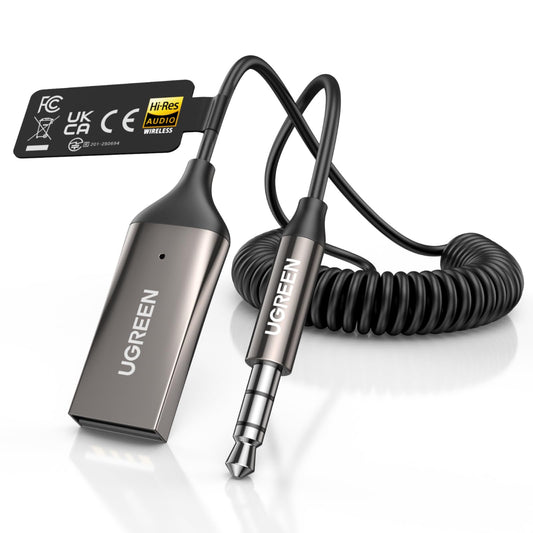 UGREEN Aux to Bluetooth 6.0 Car Adapter with LDAC, 3.5mm Aux Adapter for Auto Built-in Microphone, Car Bluetooth Audio Receiver for Hands-Free Calls Compatible with Car Speaker & Home Audio