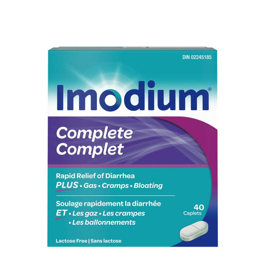 Imodium Complete Antidiarrheal and Gas Relief Caplets with Loperamide Hydrochloride, Simethicone, 40 Ct - Available at All In One Marketplace Canada