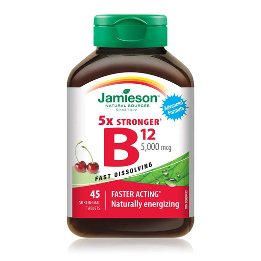 Jamieson Vitamin B12 5,000 mcg Fast Dissolve Sublingual Tablets Natural Cherry Flavour, Methylcobalamin, Supports Energy Production and Metabolism. Vegetarian. Gluten-Free, No Artificial Colours, Flavours, or Preservatives, 45 Count, Proudly Canadian - Available at All In One Marketplace Canada