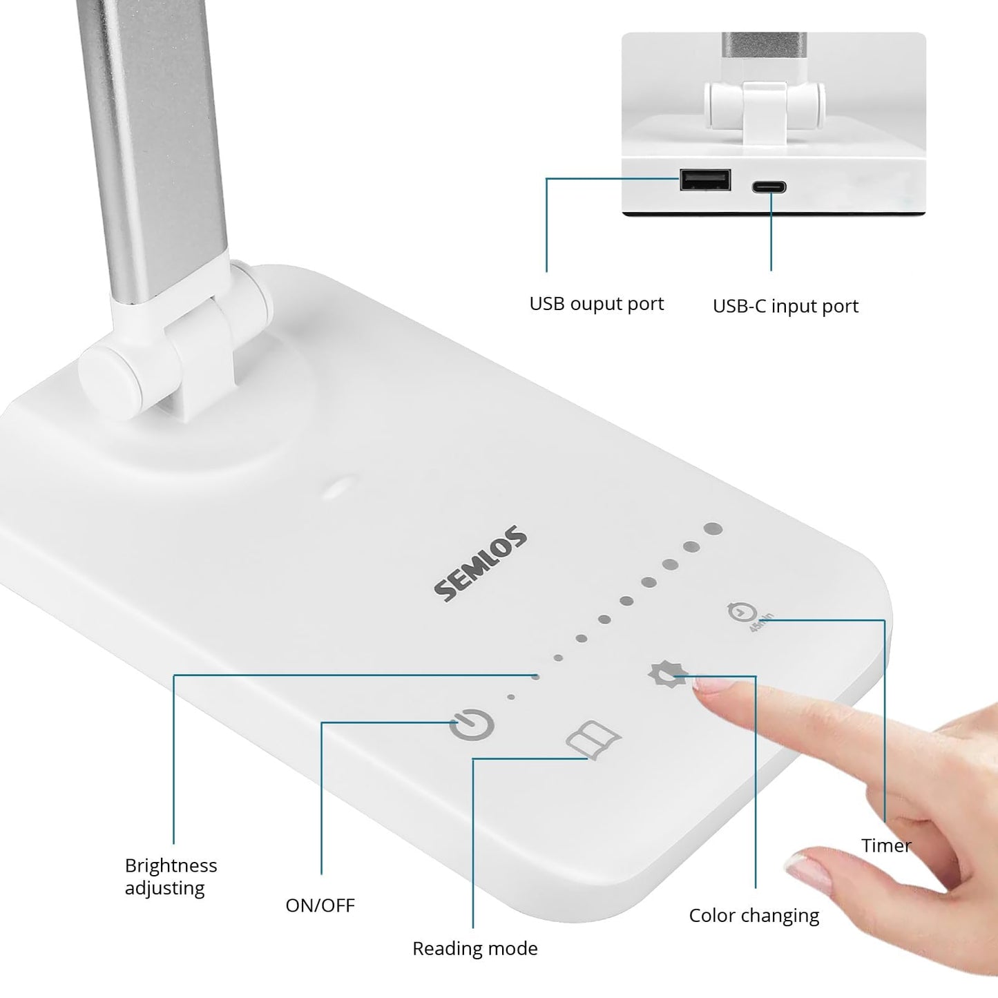 Semlos Desk Lamp, Dimmable LED Table Lamp with 25 Lighting Modes, Eye-Caring Touch Control Desk Light, 45 Min Auto Timer & Memory, White - Available at All In One Marketplace Canada