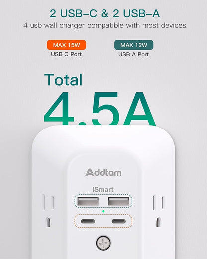 Power Bar, USB Wall Charger Surge Protector 5 Outlet Extender with 4 USB Charging Ports (2 USB C), Multi Plug Outlet, 3-Sided 1800J Power Strip Outlets Splitter Wall Plug Adapter for Home Office Dorm - Available at All In One Marketplace Canada
