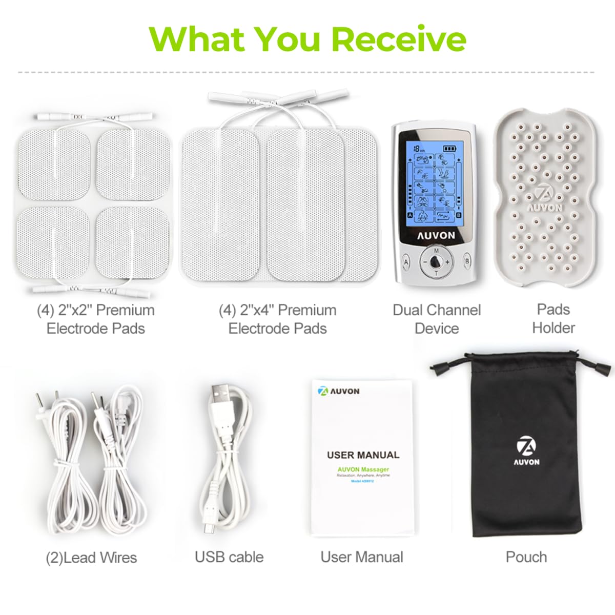 AUVON Dual Channel TENS Unit Muscle Stimulator Machine with 20 Modes, 2" and 2"x4" TENS Unit Electrode Pads - Available at All In One Marketplace Canada