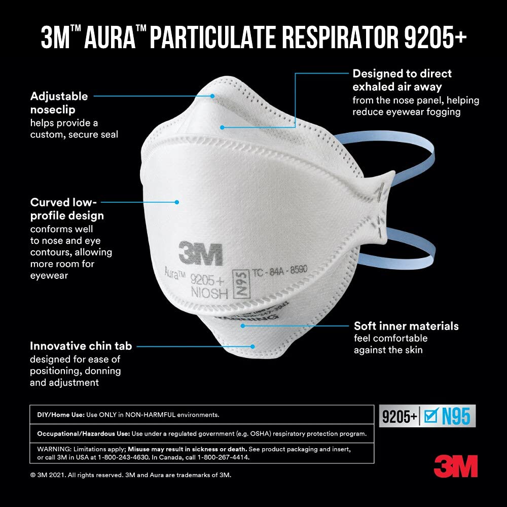 3M Aura N95 Particulate Respirator N95 Mask 9205PP-10-DC, 10 Masks