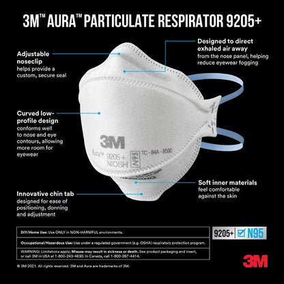 3M Aura N95 Particulate Respirator N95 Mask 9205PP-10-DC, 10 Masks