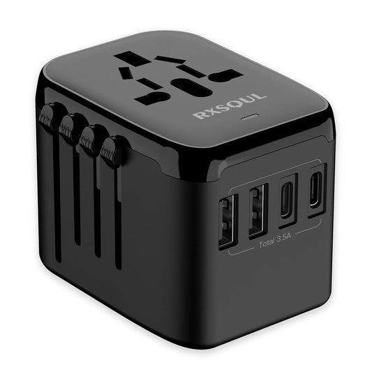 RXSQUL Universal International Power Travel Plug Adapter, 5 in 1 European Travel Plug Adapter W/ 3.5A 2xUSB-A And 2xUSB C Wall Charger and Worldwide AC Outlet for Europe USA UK AUS Asia-Black
