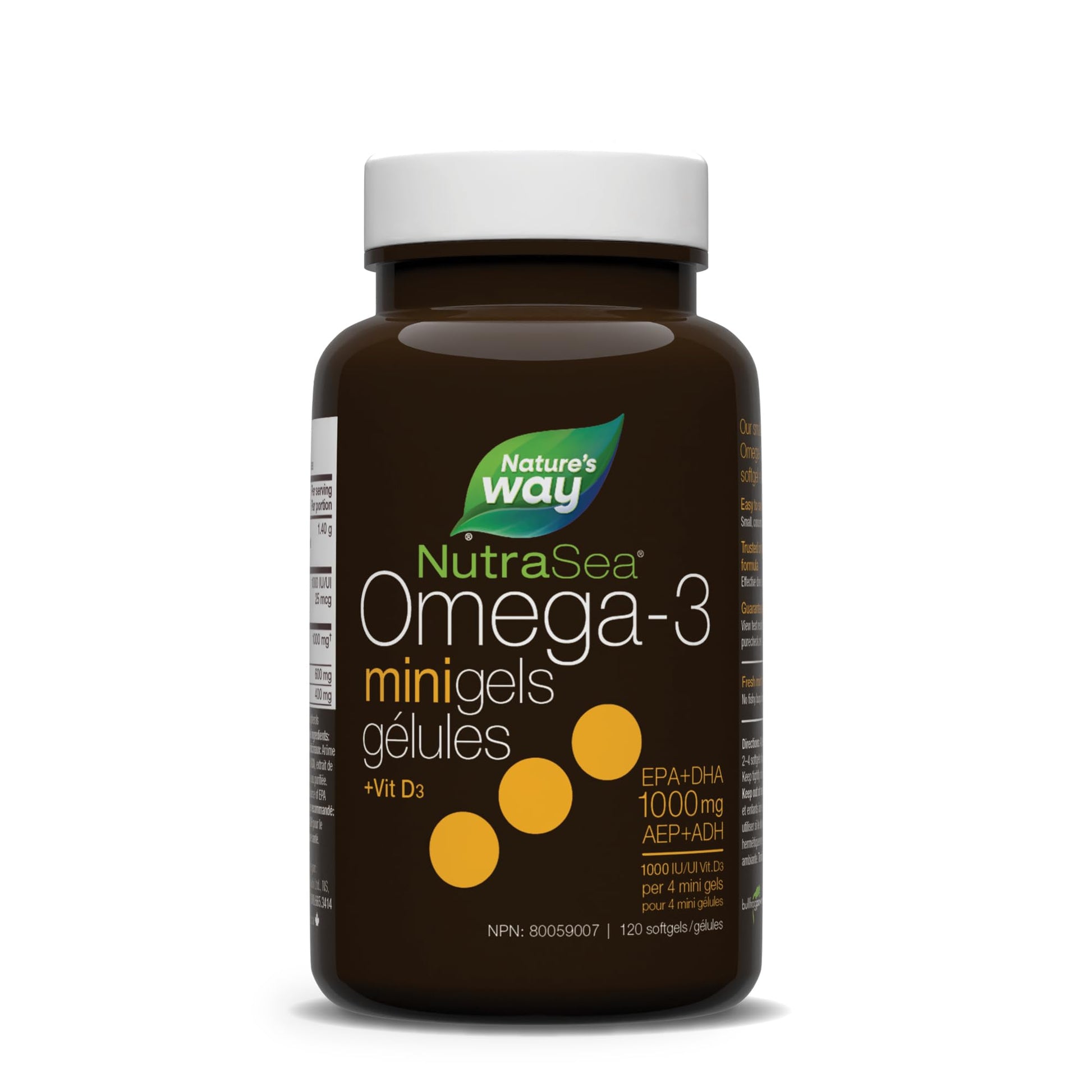 Nature's Way NutraSea Omega 3 + Vitamin D Fish Oil Mini Gels Supplement – Fresh Mint Flavour – Heart, Brain, Bone & Immune Support – 1000mg EPA & DHA + 1000IU D3, 120 Softgels - Available at All In One Marketplace Canada