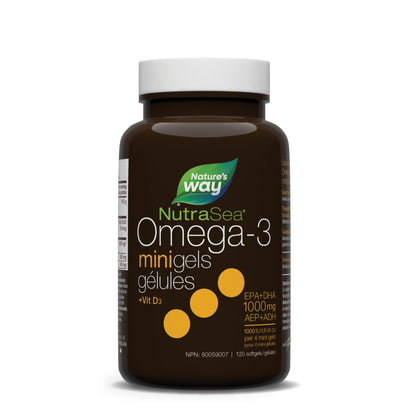 Nature's Way NutraSea Omega 3 + Vitamin D Fish Oil Mini Gels Supplement – Fresh Mint Flavour – Heart, Brain, Bone & Immune Support – 1000mg EPA & DHA + 1000IU D3, 120 Softgels - Available at All In One Marketplace Canada