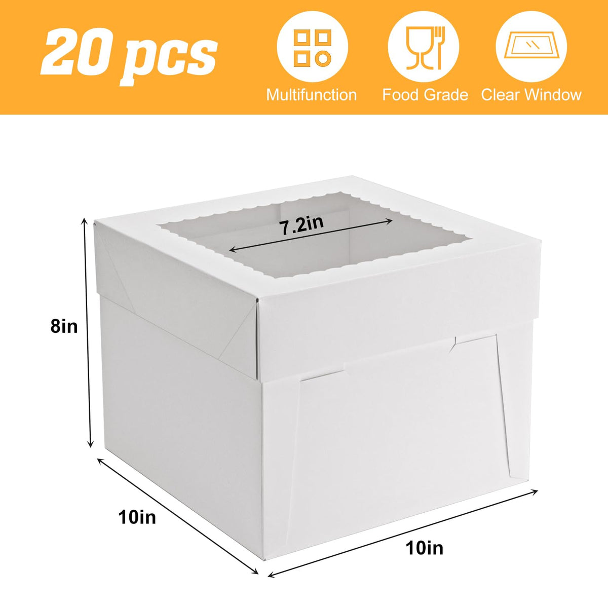 20 Pack Bakery Cake Box with Window, White Cake Boxes Large Baking Boxes Square Cardboard Cake Box for Cakes, Pastries, Cookies, Pie, Treats (10''x10''x8'') 🍁 All In One Marketplace Canada