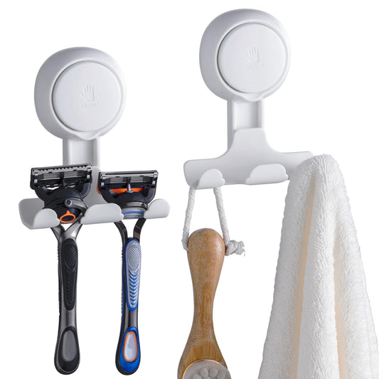 TAILI Shower Razor Holder Suction Cup, Vacuum Hanger Door Hooks for Shower Wall Towel Loofah Sponge Bathroom, Removable Waterproof, White, 2 Pack - Available at All In One Marketplace Canada