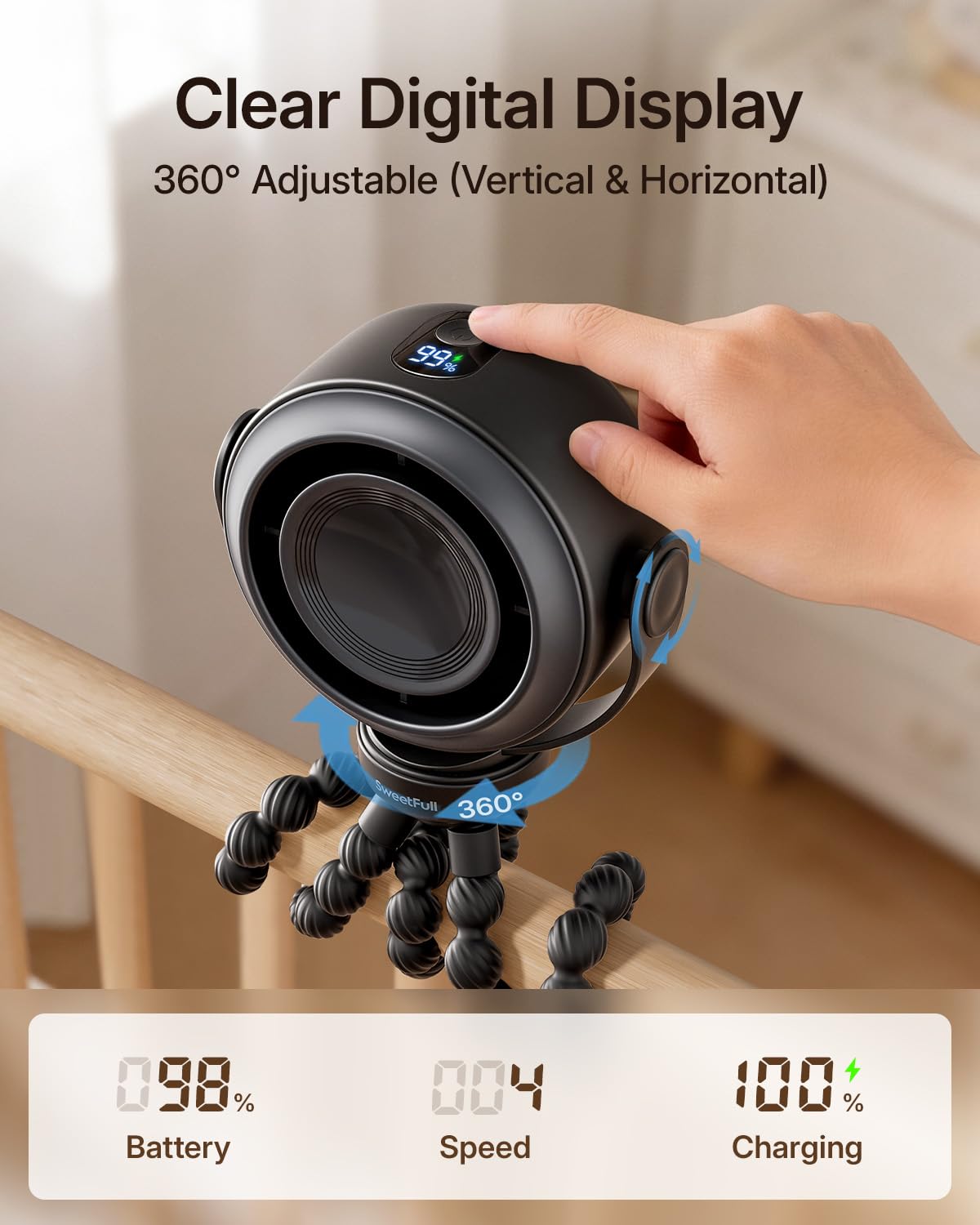 SWEETFULL Portable Stroller Fan, Pinch-Proof Baby Fan, 5-Speed Quiet Mini Clip on Fan, USB-C Rechargeable Battery, LED Display for Car Seat, Crib & Travel - Black