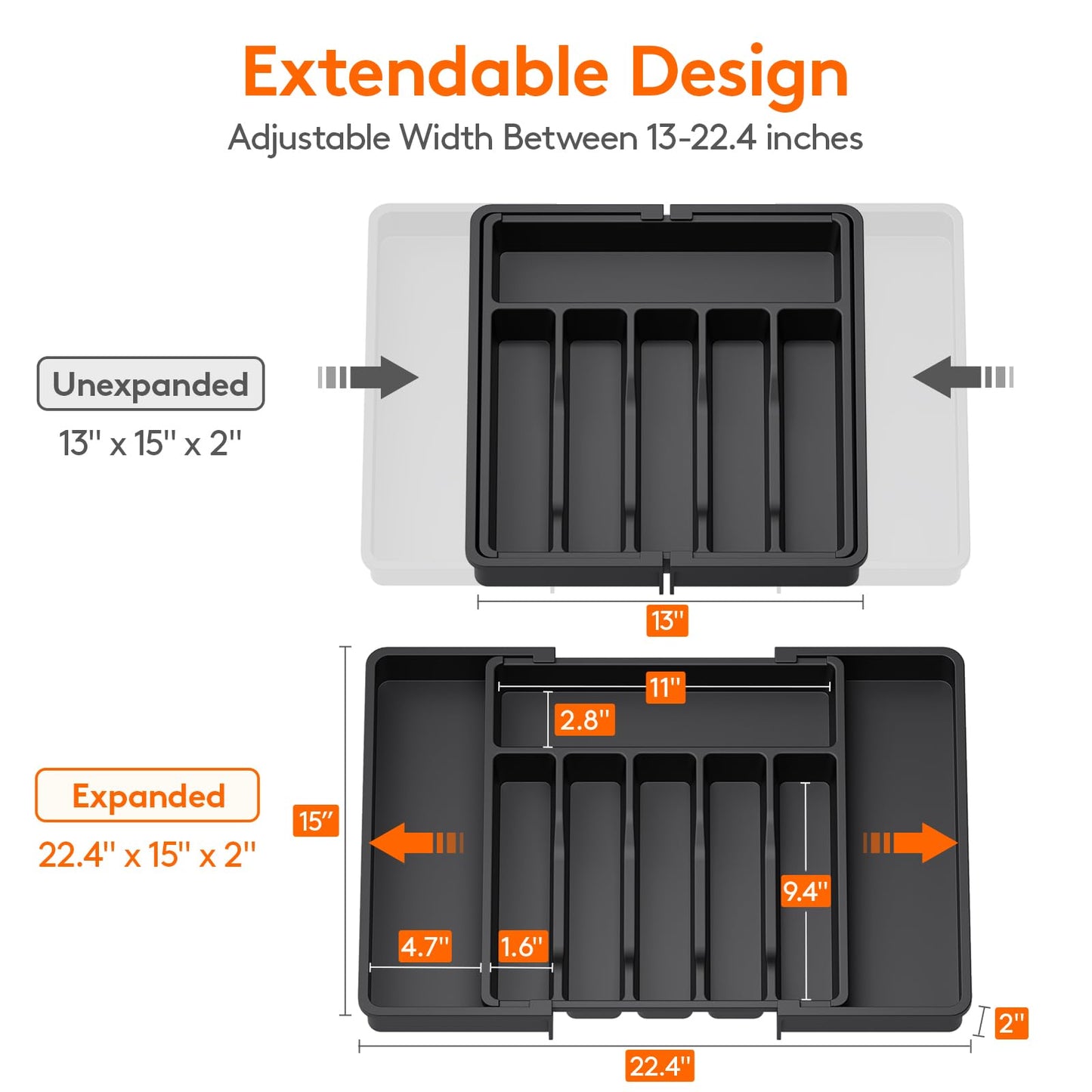 Lifewit Extra Large Cutlery Organizer, Expandable Silverware Drawer Organizer for Kitchen, Adjustable Cutlery Tray Drawer Organizer for Spoon Forks Knives, Cutlery Crocks, 13-22 x 15", Black