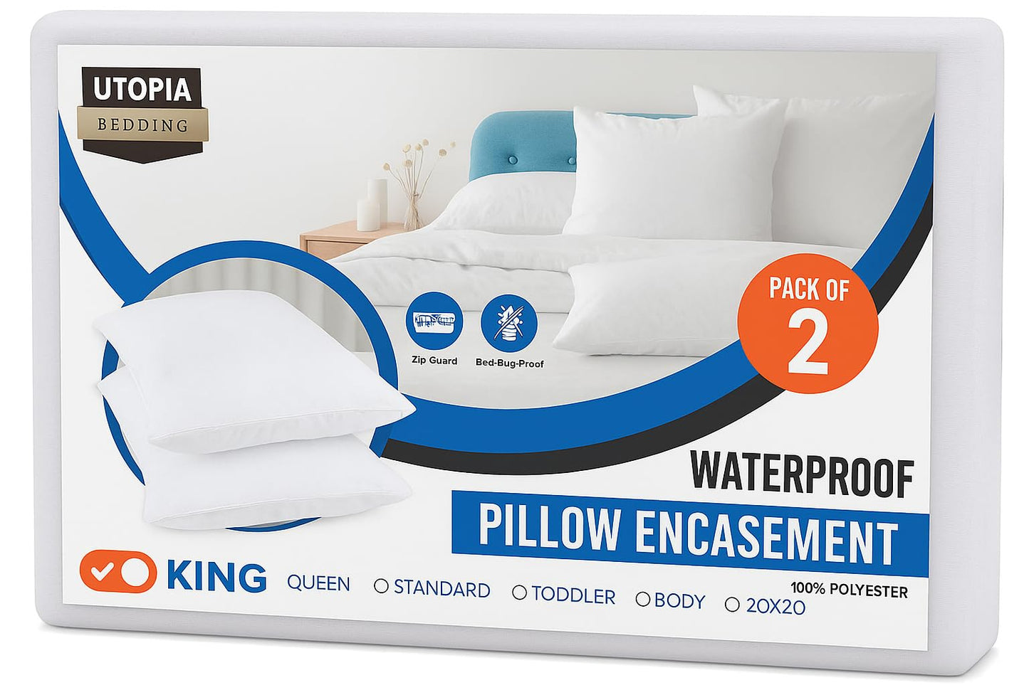 Utopia Bedding Waterproof Pillow Protectors Zippered King Size (2 Pack, White), Zippered Pillowcases, Bed Bug Proof Pillow Encasement Covers 20 x 38 Inches