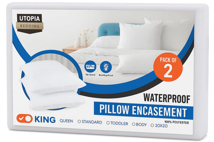 Utopia Bedding Waterproof Pillow Protectors Zippered King Size (2 Pack, White), Zippered Pillowcases, Bed Bug Proof Pillow Encasement Covers 20 x 38 Inches