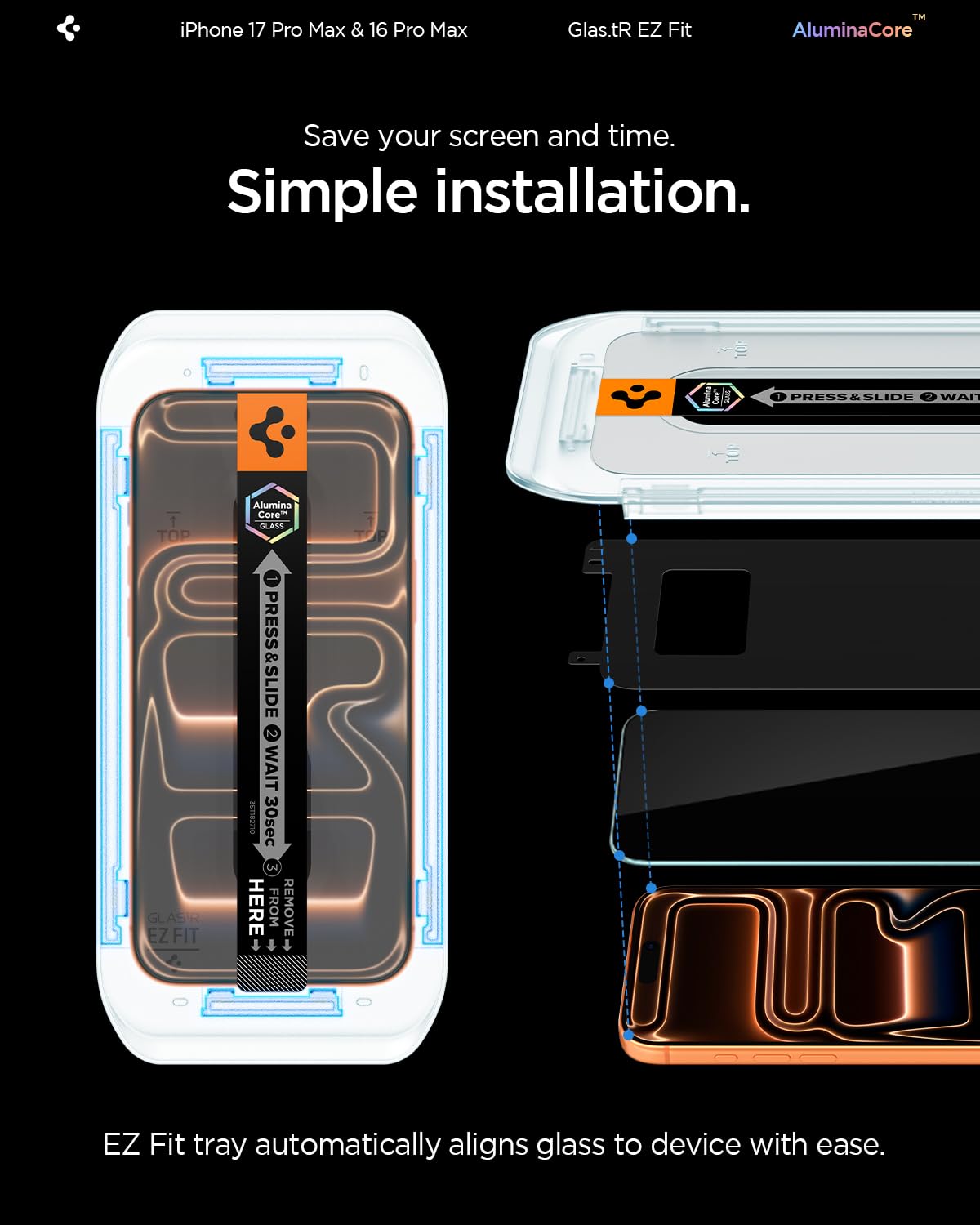 Spigen AluminaCore Tempered Glass Screen Protector [Glas.tR EZ Fit] designed for iPhone 17 Pro Max | iPhone 16 Pro Max [2 Pack] 9H+ Hardness, Aluminum-Enhanced Durability - Available at All In One Marketplace Canada