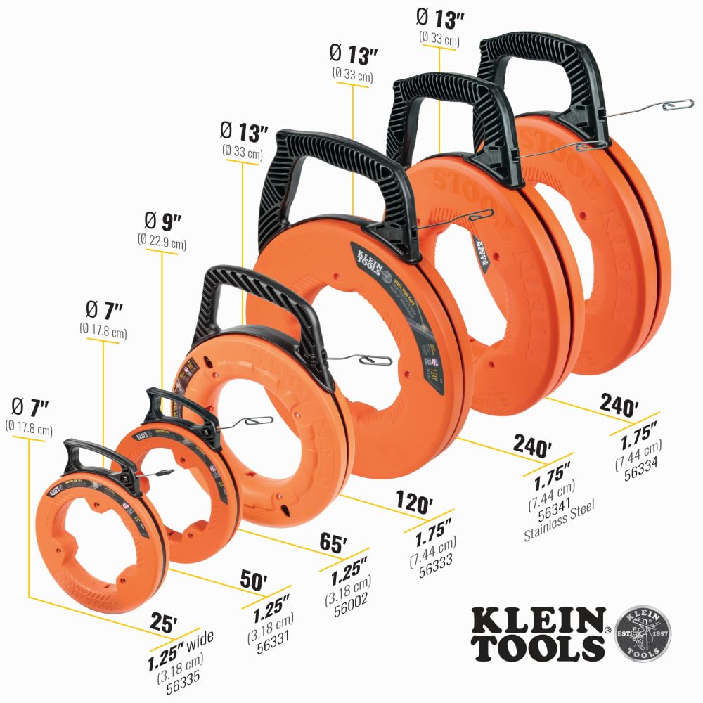 Klein Tools 56331 50-Foot Electrical Fish Tape, Steel Wire Puller with Double Loop Tip, Optimized Housing and Handle, 1/8-Inch,Orange/Black KLEIN TOOLS