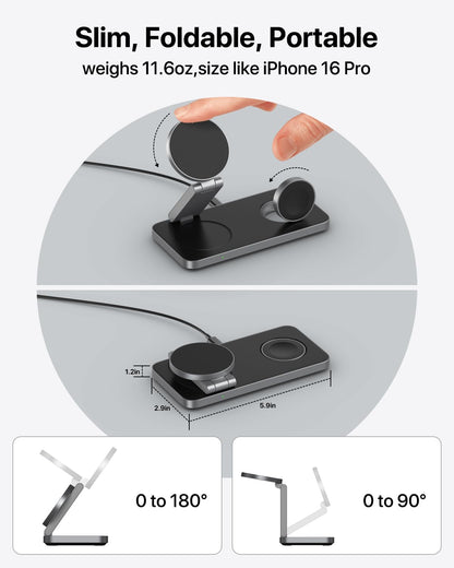 EXW Wireless Charging Station for Apple, Compatible with MagSafe Charger Stand,Foldable Travel Bedside Fast Qi Magnetic Wireless Charger for iPhone 17 Air 16 15 14 13 12 Series,Airpods Pro,Apple Watch - Available at All In One Marketplace Canada