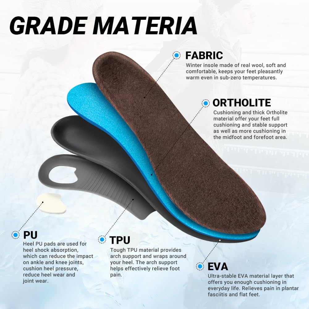 VALSOLE winter thermal wool insoles,Heavy Duty Support Pain Relief Orthotics Plantar Fasciitis High Arch Support Insoles,for Men Women Work Boot Shoe Insole warm insoles (MEN 10-10 1/2 | WOMEN 12-12 1/2--(286mm), Brown) 🍁 All In One Marketplace Canada