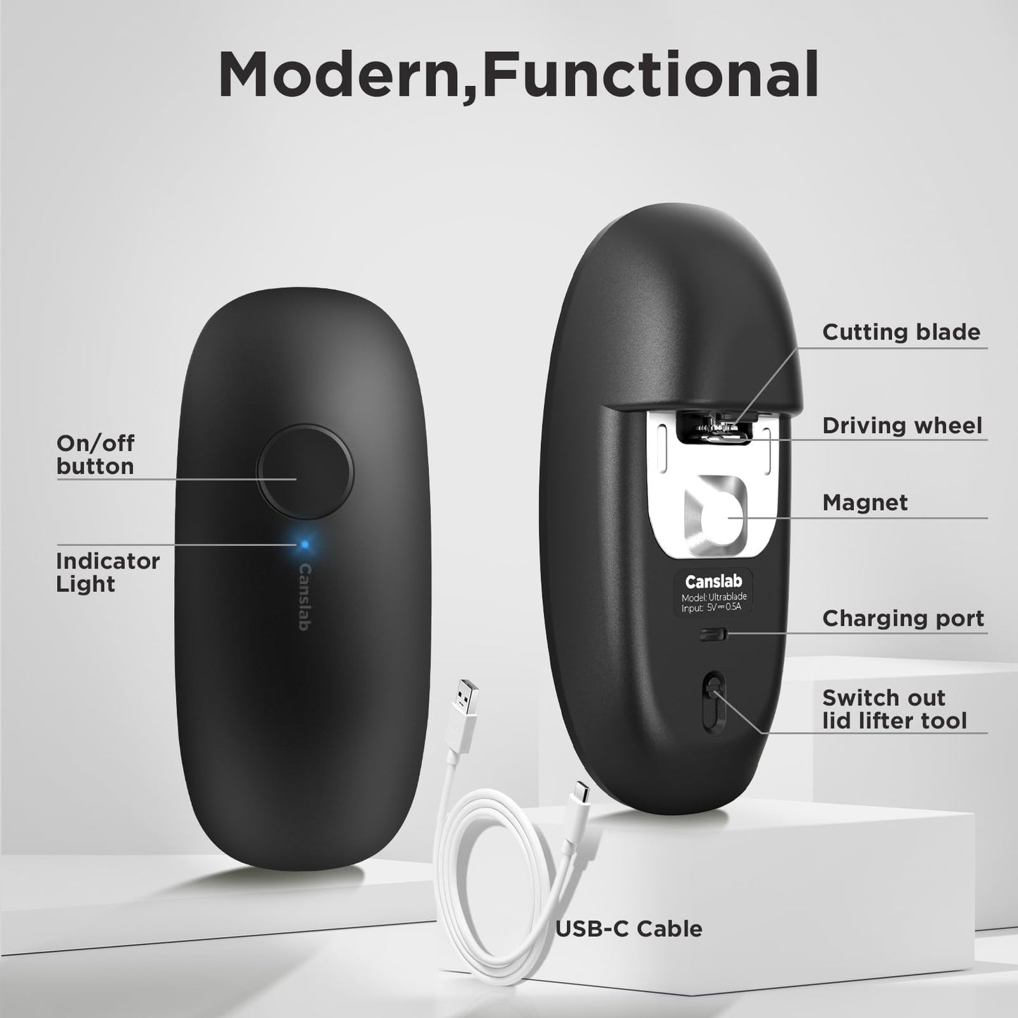 Canslab Ultrablade PRO- Auto Stop Rechargeable Electric Can Opener for Seniors with Arthritis- Battery Automatic Can Opener for Any Size Can - Smooth Edge, Food Safe, Easy Handsfree One Touch, Black - Available at All In One Marketplace Canada