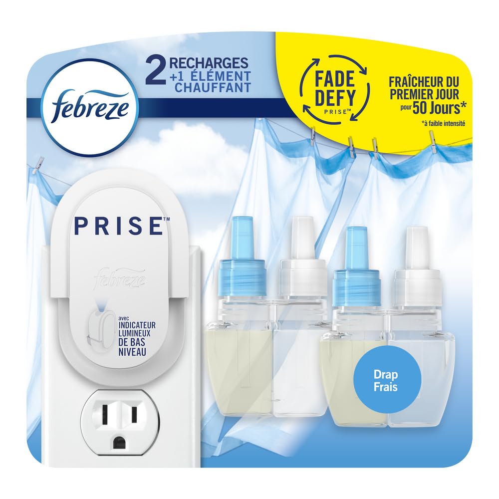 Febreze Plug In Air Freshener, Odor-Fighting Scented Oil Starter Kit, Air Fresheners for Home and Bathroom and Kitchen, Long Lasting for Strong Odors, Linen & Sky Scent, Warmer + 2 Refill