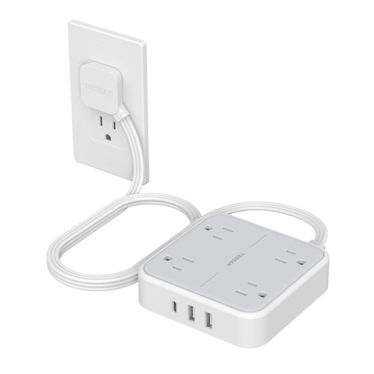 Flat Plug Extension Cord Indoor 5 Ft, Power Bars with Surge Protector, TESSAN Power Strip with 4 Multiple Outlets 3 USB Ports (1 USB C), Surge Protection for Dorm Room Home Office, Gray