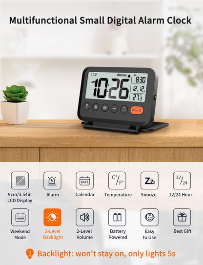 MeesMeek Digital Travel Alarm Clock: Small Bedside LCD Clock with Date Temperature Snooze Backlight 12/24H Weekend Mode and 2 Volume, Desk Clock for Kids Office Bedroom, Battery Included (Black) - Available at All In One Marketplace Canada