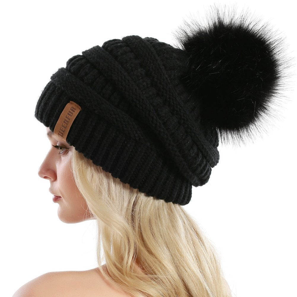 Queenfur Knit Slouchy Beanie for Women Thick Baggy Hat Faux Fur Pompom Winter Hat 🍁 All In One Marketplace Canada
