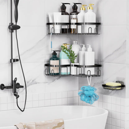 MOFOROCO 3-Pack Shower Caddy Corner Basket Shelf with Soap Holder, No Drilling Traceless Adhesive Shower Wall Shelves, Black Bathroom Shower Storage Organizer（ For 90-degree Right-angle Walls）