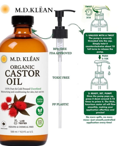 M.D. KLEAN Castor Oil Pure Cold Pressed (610 ml) Amber Glass Bottles | BPA Free Pump inc | Hexane Free| Lab Tested, Skin Moisturizer, Enhance Collagen | Holiday Gift (Free Roller Ball 50ml) 🍁 All In One Marketplace Canada
