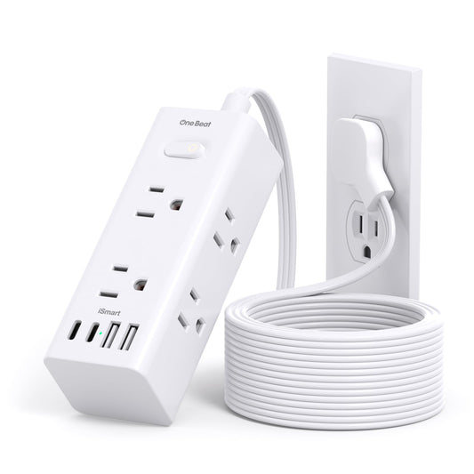 10FT Extension Cord Indoor, Power Bars with Surge Protector, Flat Plug Long Cord 6 Outlet 4 USB Ports (2 USB C) for Home, College, Dorm Room Essentials