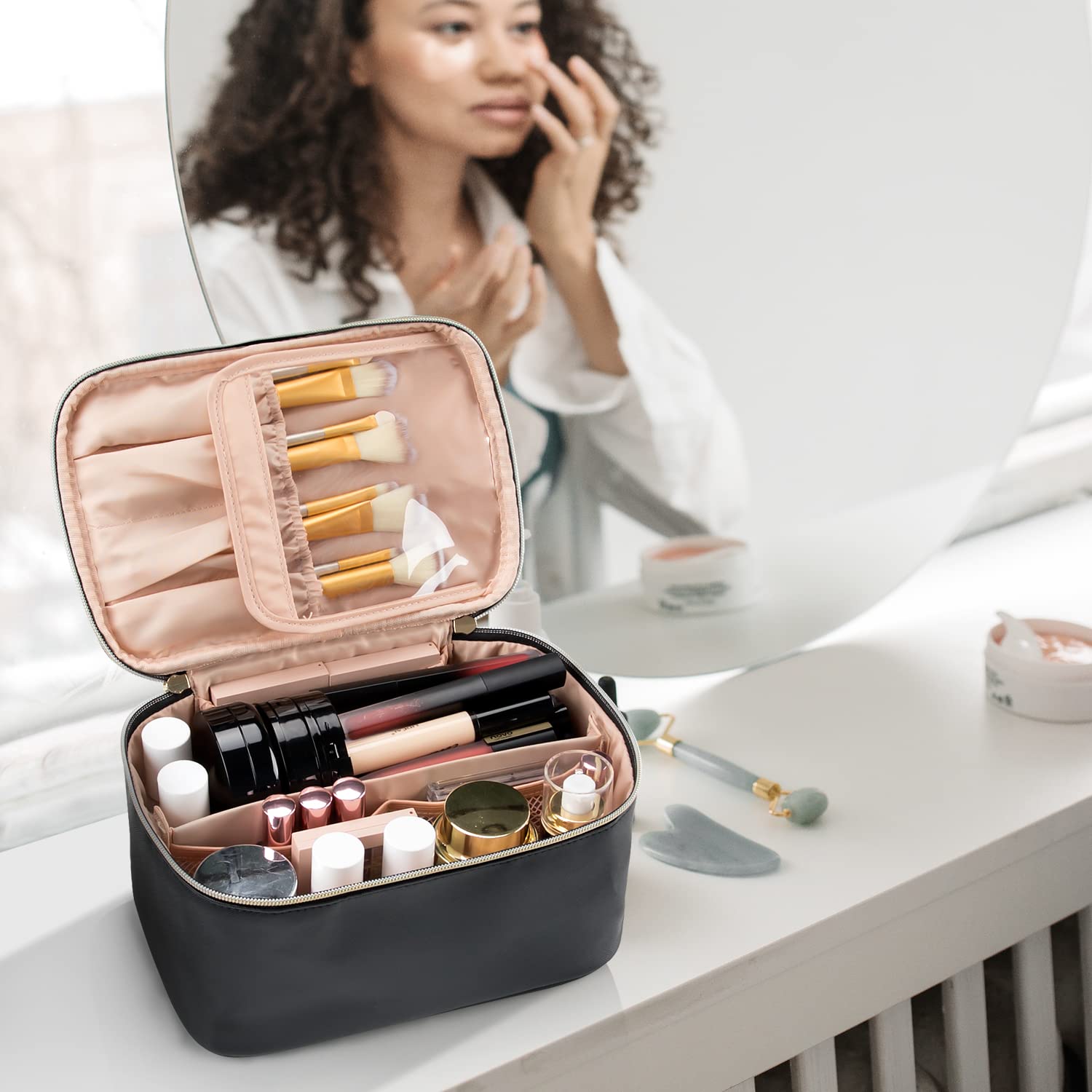 Makeup Bag, Portable Cosmetic Bag, Large Capacity Travel Makeup Case Organizer for Women and Girls, Train Case Makeup Bag for Toiletries for Traveling with Handle and Divider, Black - Available at All In One Marketplace Canada