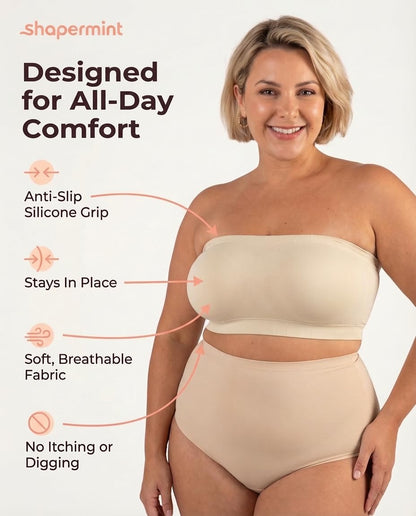 SHAPERMINT Convertible Strapless Bras for Women - Compression Wireless Bandeau Bra Top Beige