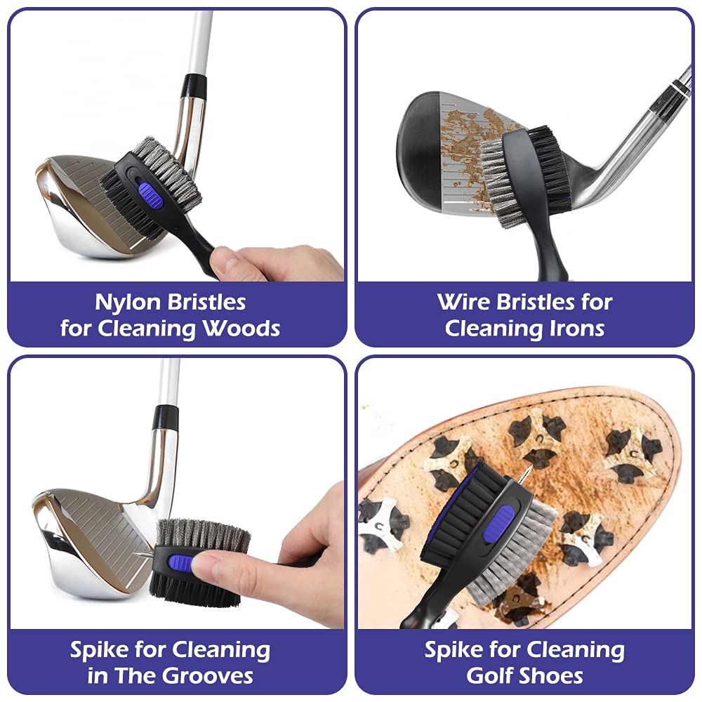THIODOON 2 Pack Golf Club Brushes and Groove Cleaner 2 ft Retractable Zipline Carabiner Oversized Golf Brush Head with Retractable Spike Comfortable Grip Golf Club Cleaner - Available at All In One Marketplace Canada
