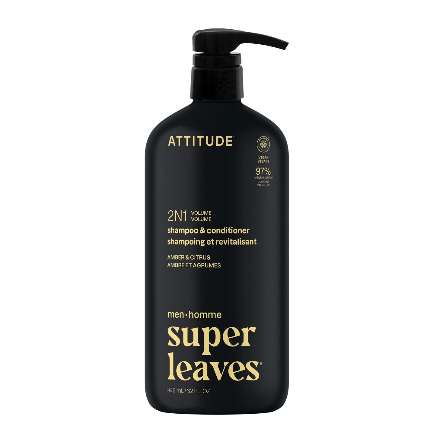 ATTITUDE Men's Shampoo and Conditioner 2-in-1, Volumizing for Thin Hair, With Rosemary and Rice Protein, 97% Natural Origin Ingredients, EWG Verified, Amber & Citrus, 946 mL 🍁 All In One Marketplace Canada