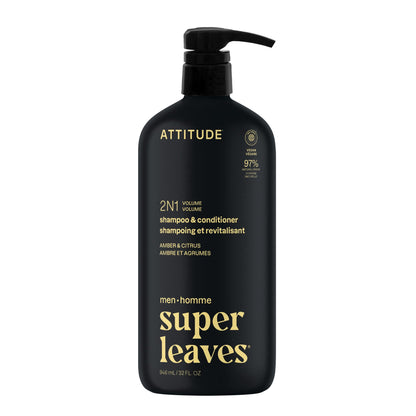 ATTITUDE Men's Shampoo and Conditioner 2-in-1, Volumizing for Thin Hair, With Rosemary and Rice Protein, 97% Natural Origin Ingredients, EWG Verified, Amber & Citrus, 946 mL 🍁 All In One Marketplace Canada