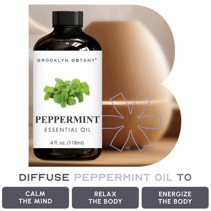 Brooklyn Botany Peppermint Essential Oil - Huge 118 ml - 100% Pure and Natural - Premium Grade with Dropper - for Aromatherapy and Diffuser
